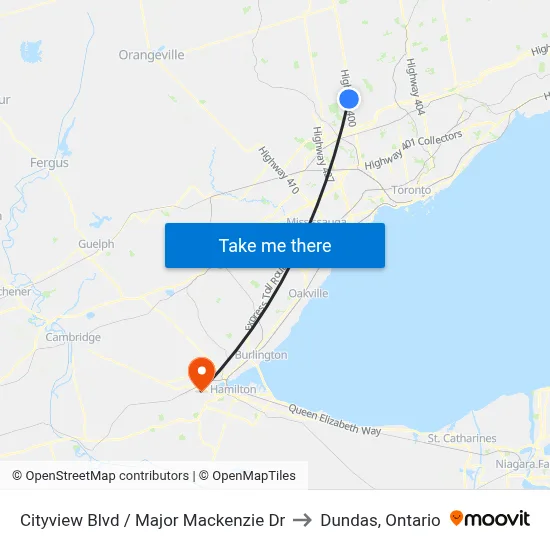 Cityview Blvd / Major Mackenzie Dr to Dundas, Ontario map
