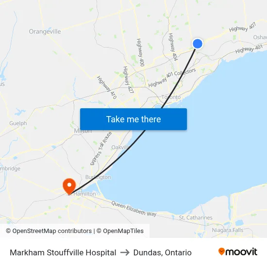 Markham Stouffville Hospital to Dundas, Ontario map