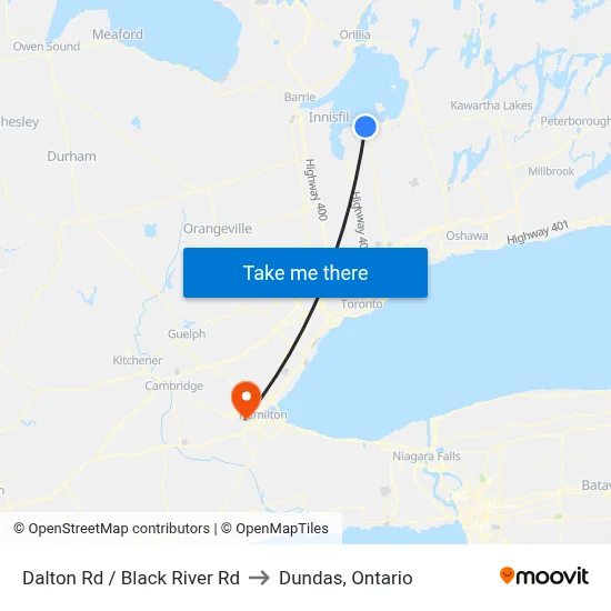 Dalton Rd / Black River Rd to Dundas, Ontario map