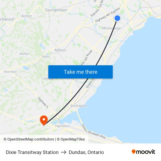 Dixie Transitway Station to Dundas, Ontario map