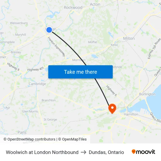 Woolwich at London Northbound to Dundas, Ontario map