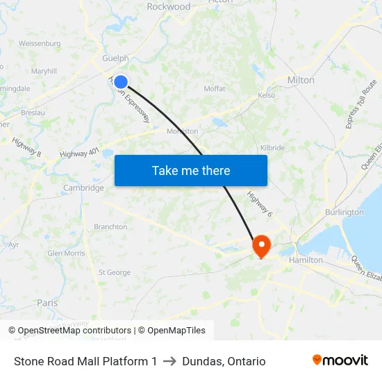 Stone Road Mall Platform 1 to Dundas, Ontario map