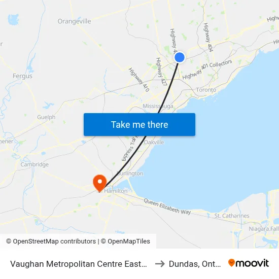 Vaughan Metropolitan Centre Eastbound to Dundas, Ontario map