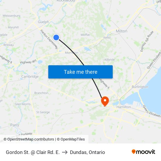 Gordon St. @ Clair Rd. E. to Dundas, Ontario map