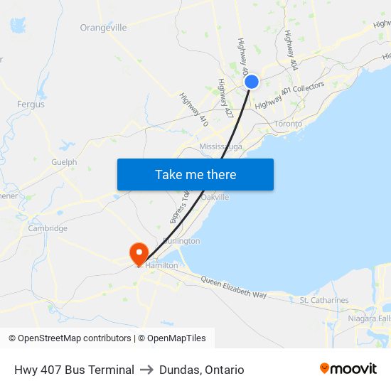 Hwy 407 Bus Terminal to Dundas, Ontario map