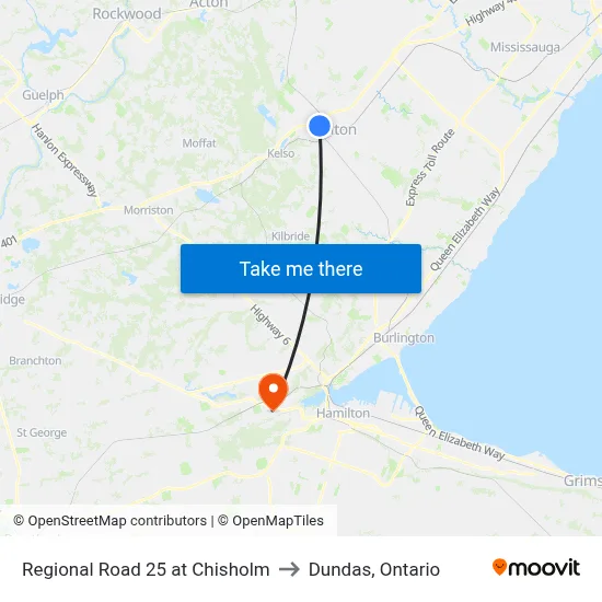Regional Road 25 at Chisholm to Dundas, Ontario map