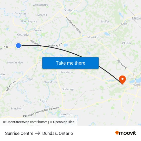 Sunrise Centre to Dundas, Ontario map