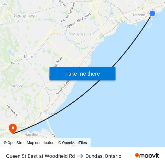 Queen St East at Woodfield Rd to Dundas, Ontario map