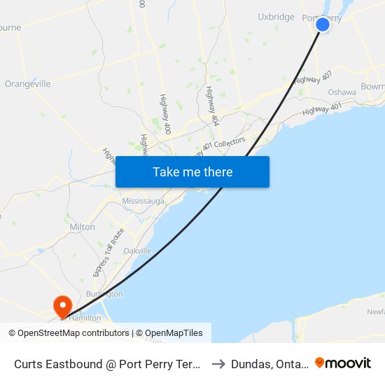 Curts Eastbound @ Port Perry Terminal to Dundas, Ontario map