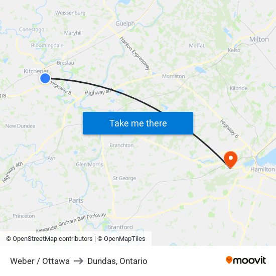 Weber / Ottawa to Dundas, Ontario map