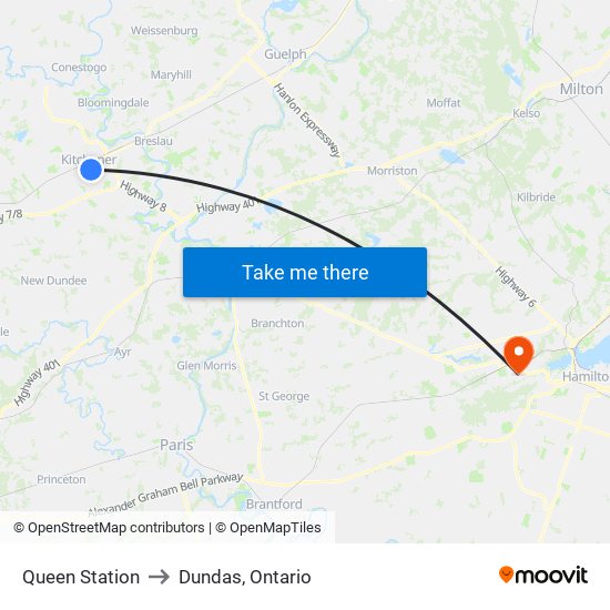Queen Station to Dundas, Ontario map