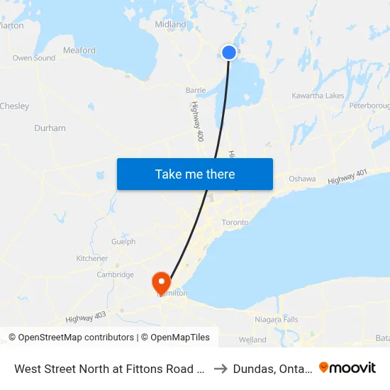 West Street North at Fittons Road East to Dundas, Ontario map