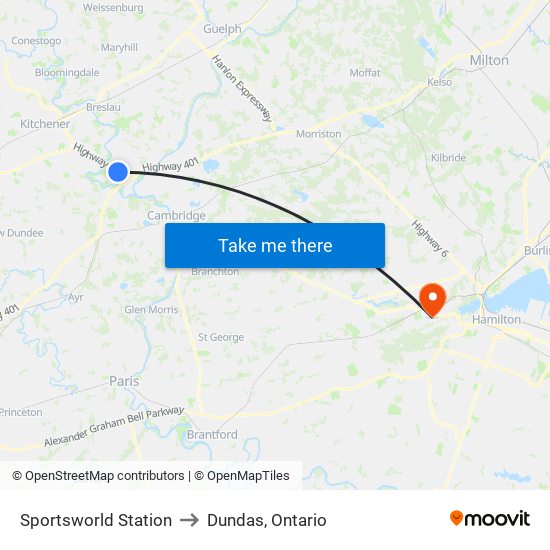 Sportsworld Station to Dundas, Ontario map