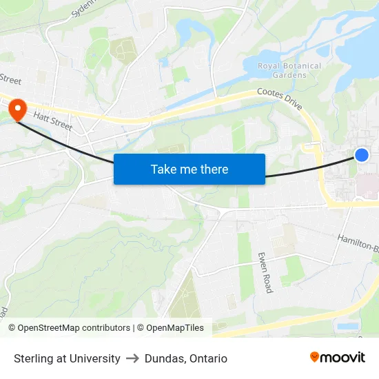 Sterling at University to Dundas, Ontario map