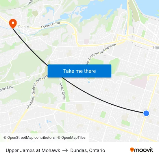 Upper James at Mohawk to Dundas, Ontario map