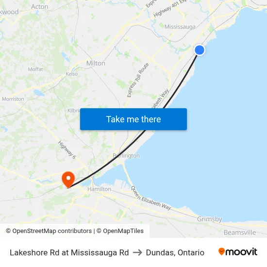 Lakeshore Rd at Mississauga Rd to Dundas, Ontario map