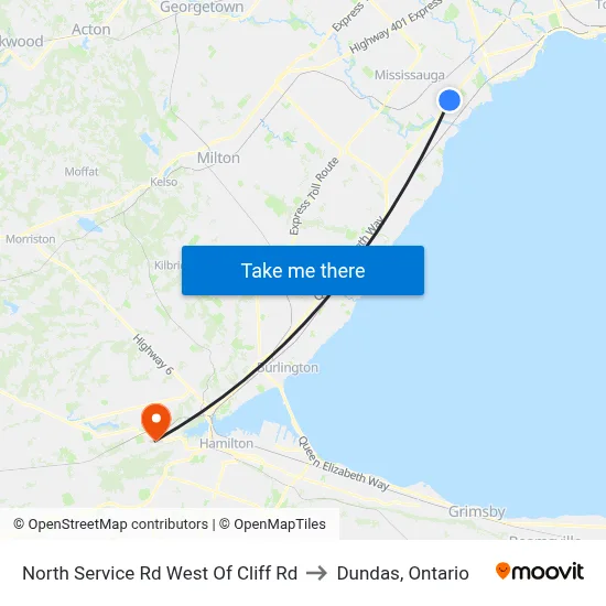 North Service Rd West Of Cliff Rd to Dundas, Ontario map