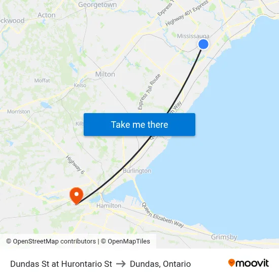 Dundas St at Hurontario St to Dundas, Ontario map
