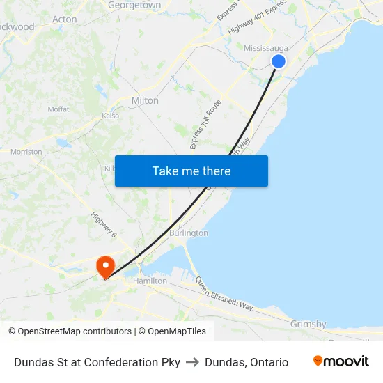 Dundas St at Confederation Pky to Dundas, Ontario map