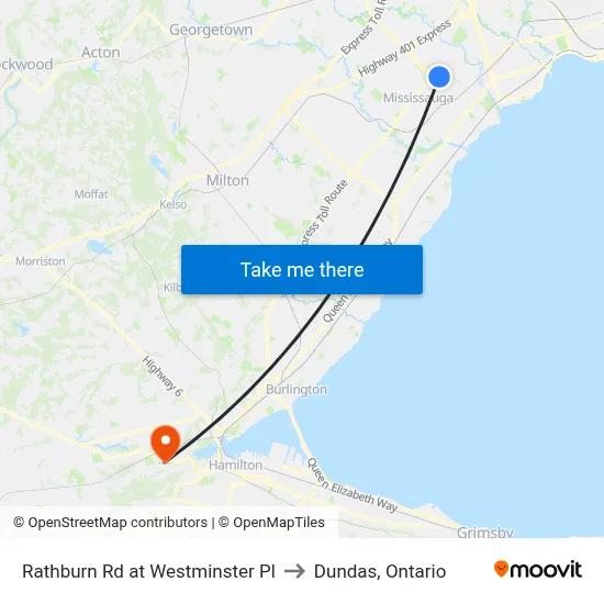Rathburn Rd at Westminster Pl to Dundas, Ontario map