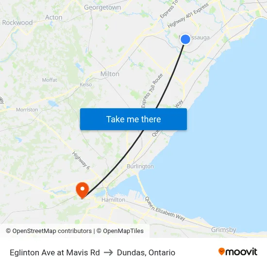 Eglinton Ave at Mavis Rd to Dundas, Ontario map