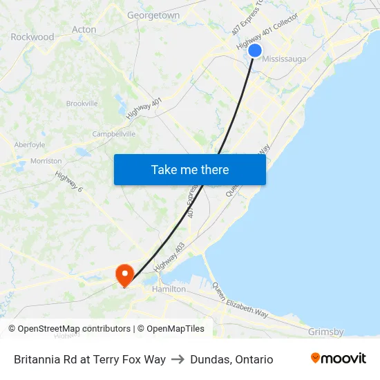 Britannia Rd at Terry Fox Way to Dundas, Ontario map