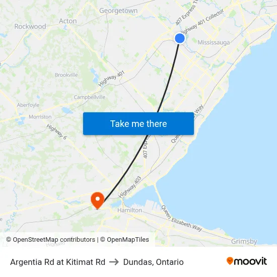 Argentia Rd at Kitimat Rd to Dundas, Ontario map