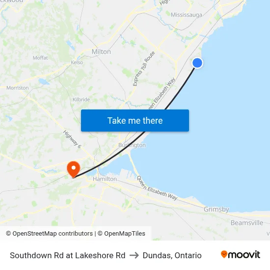 Southdown Rd at Lakeshore Rd to Dundas, Ontario map