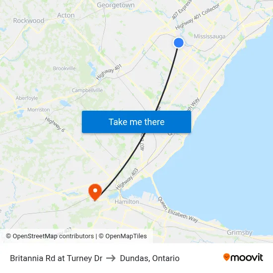 Britannia Rd at Turney Dr to Dundas, Ontario map