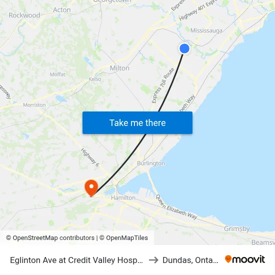 Eglinton Ave at Credit Valley Hosptial to Dundas, Ontario map