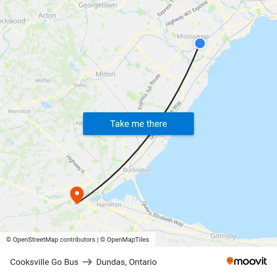 Cooksville Go Bus to Dundas, Ontario map