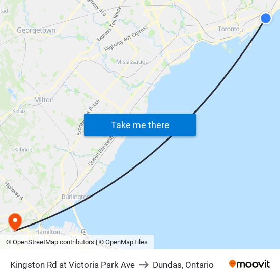 Kingston Rd at Victoria Park Ave to Dundas, Ontario map