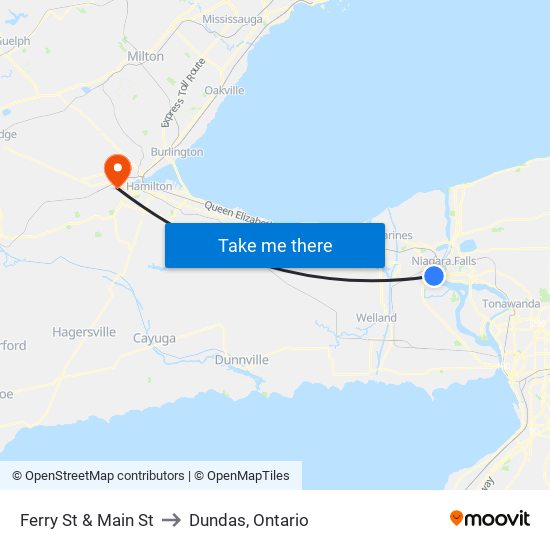 Ferry St & Main St to Dundas, Ontario map