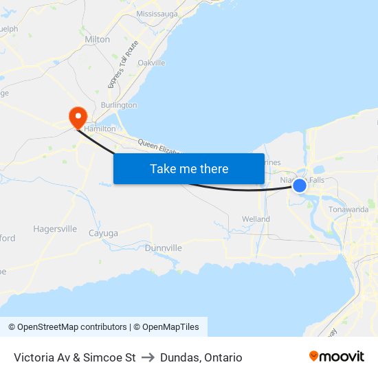 Victoria Av & Simcoe St to Dundas, Ontario map