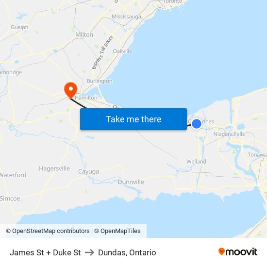 James St + Duke St to Dundas, Ontario map