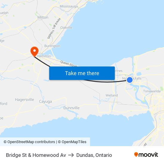 Bridge St & Homewood Av to Dundas, Ontario map