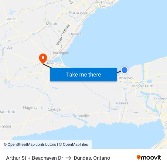 Arthur St + Beachaven Dr to Dundas, Ontario map