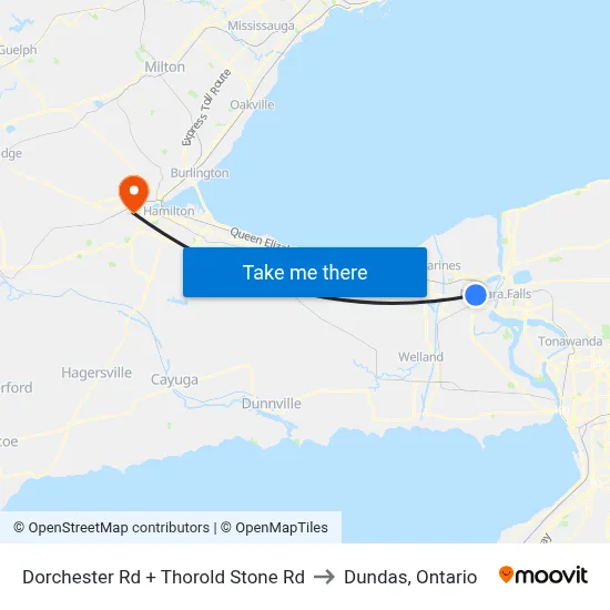 Dorchester Rd + Thorold Stone Rd to Dundas, Ontario map