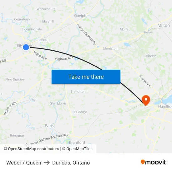 Weber / Queen to Dundas, Ontario map