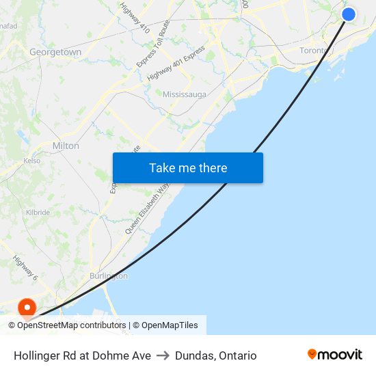 Hollinger Rd at Dohme Ave to Dundas, Ontario map