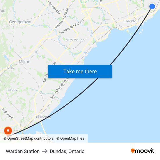 Warden Station to Dundas, Ontario map