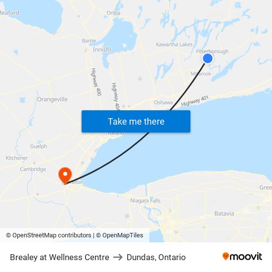 Brealey at Wellness Centre to Dundas, Ontario map