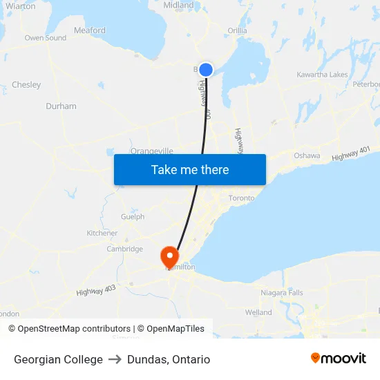 Georgian College to Dundas, Ontario map