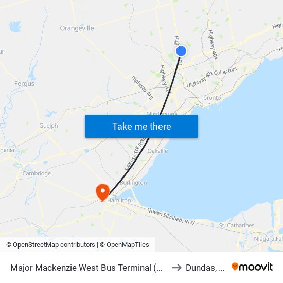 Major Mackenzie West Bus Terminal (Canada's Wonderland) to Dundas, Ontario map