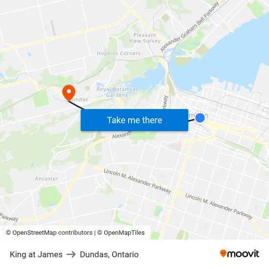King at James to Dundas, Ontario map