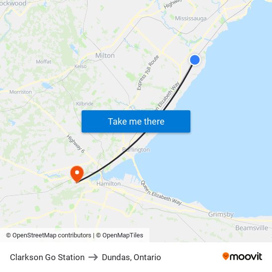 Clarkson Go Station to Dundas, Ontario map