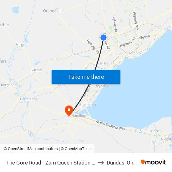 The Gore Road - Zum Queen Station Stop Wb to Dundas, Ontario map