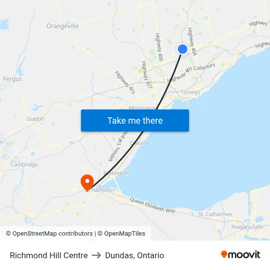 Richmond Hill Centre to Dundas, Ontario map
