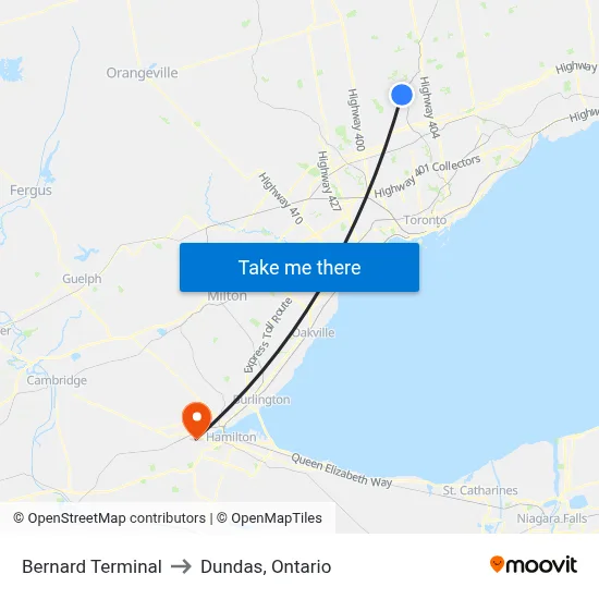 Bernard Terminal to Dundas, Ontario map