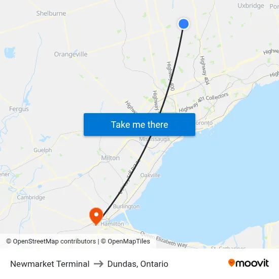 Newmarket Terminal to Dundas, Ontario map